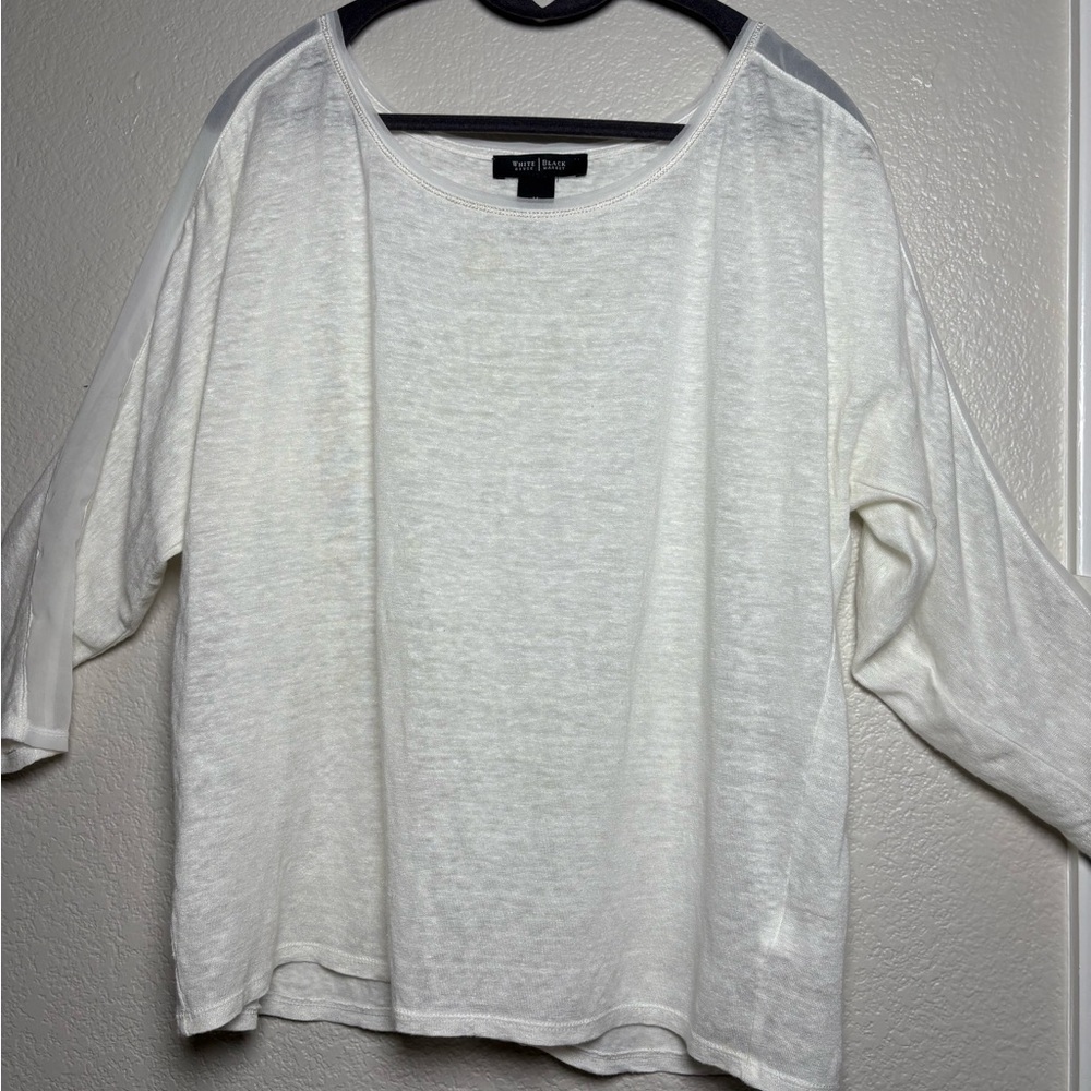 WHBM White Linen 3/4 Sleeve with Sheer Stripe. Subtle Shimmer Throughout. Size M